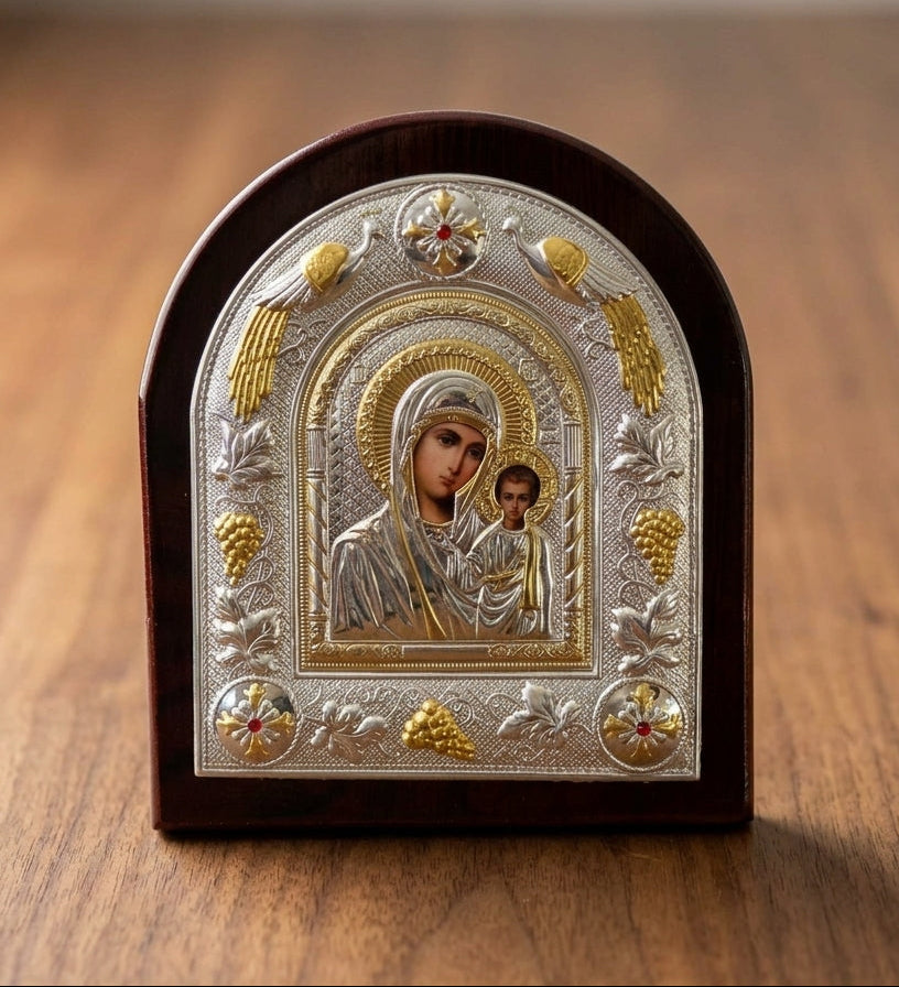 Orthodox Virgin Mary - Silver&Gold Color - Wooden Icon