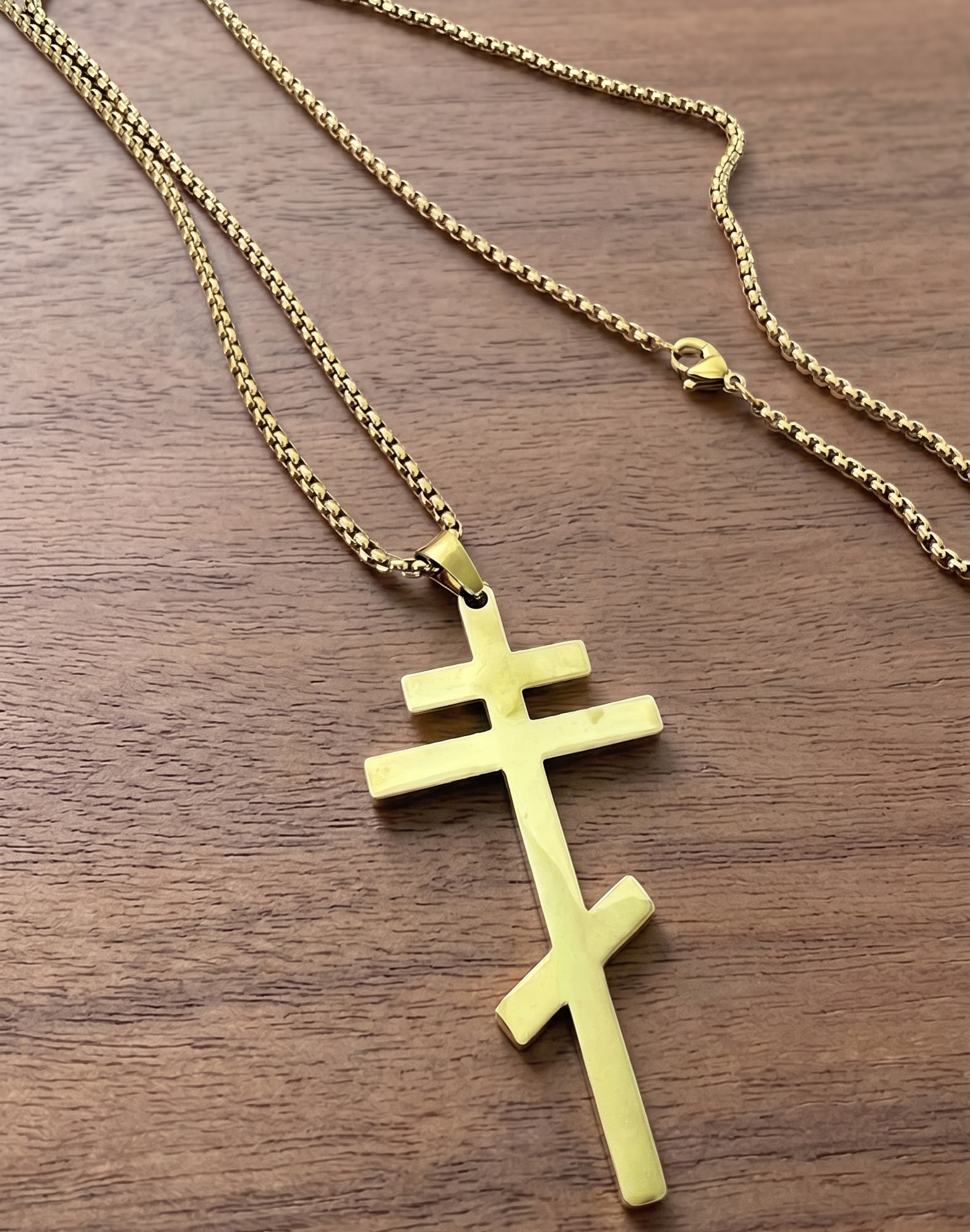 Orthodox Crucifix - Gold Color - 60cm Chain - Stainless Steel Cross