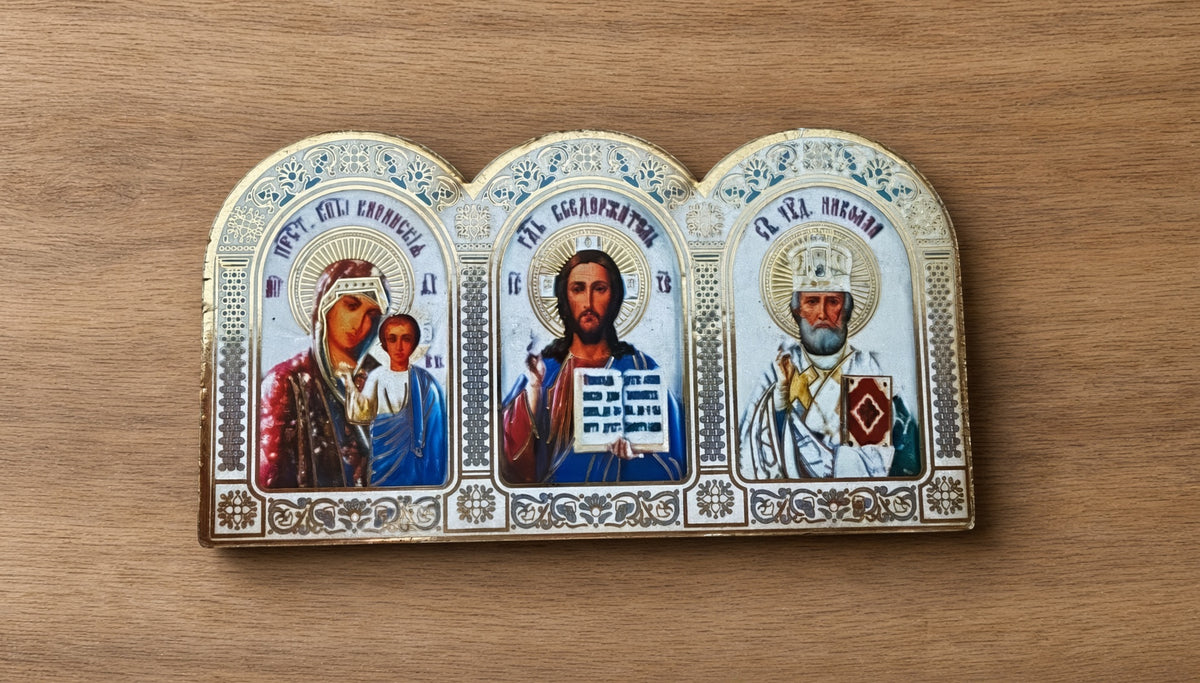 Orthodox Triptych Mother of God, Christ, Saint Nicholas - Silver Color - Icon
