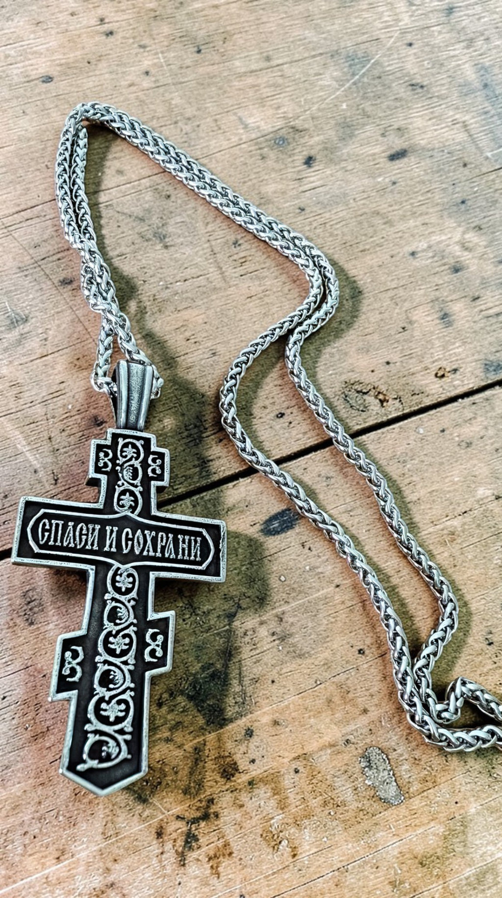 Orthodox Crucifix - Silver Color - 60cm Chain - Stainless Steel Cross
