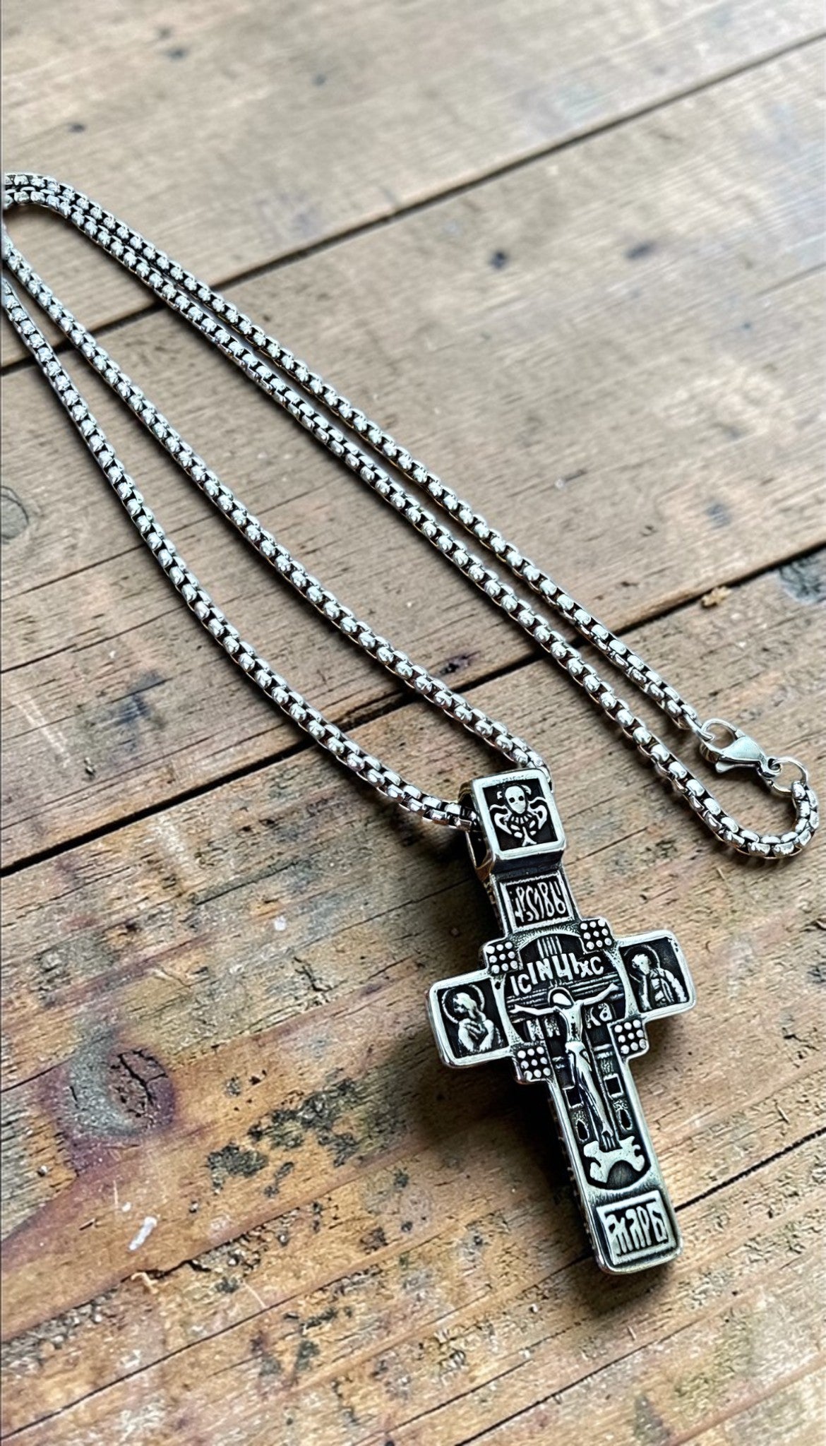 Orthodox Crucifix - Silver Color - 60cm Chain - Stainless Steel Cross