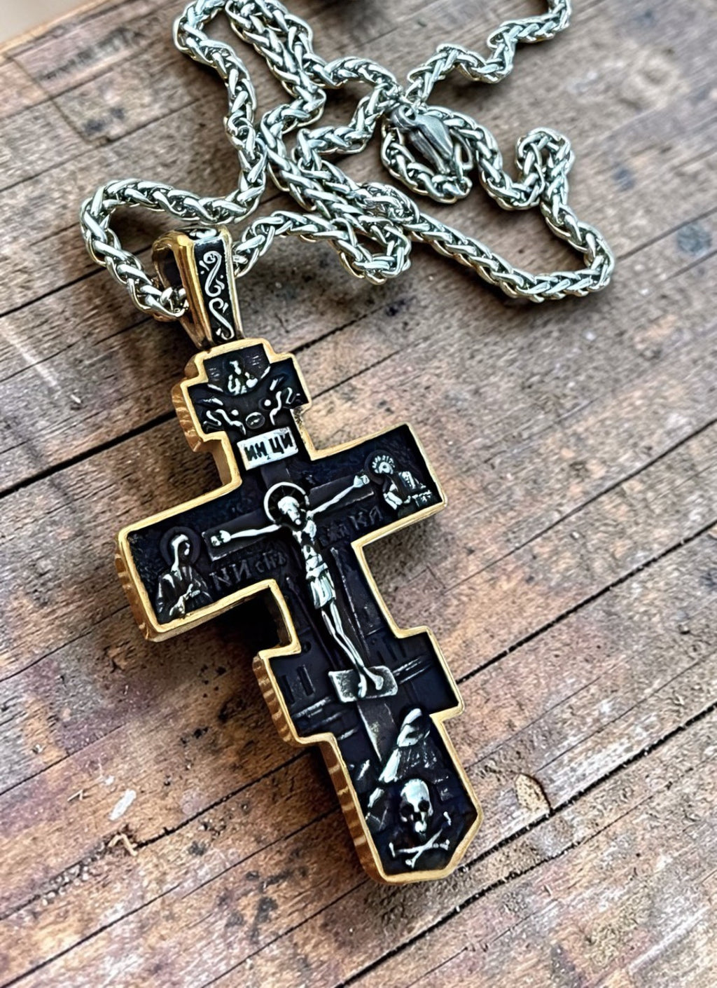 Orthodox Crucifix - Black&Gold Color - 60cm Chain - Stainless Steel Cross