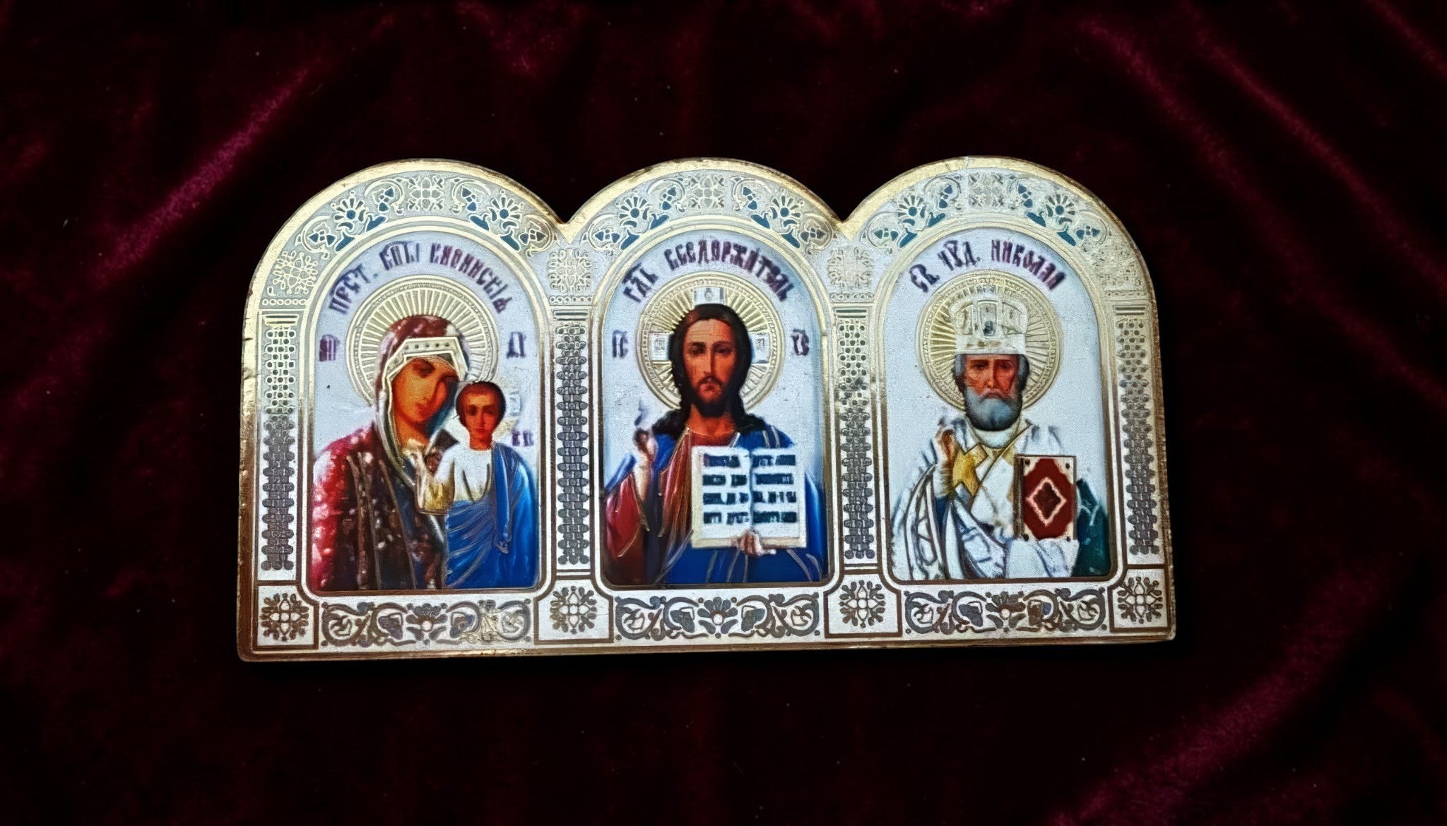 Orthodox Triptych Mother of God, Christ, Saint Nicholas - Silver Color - Icon
