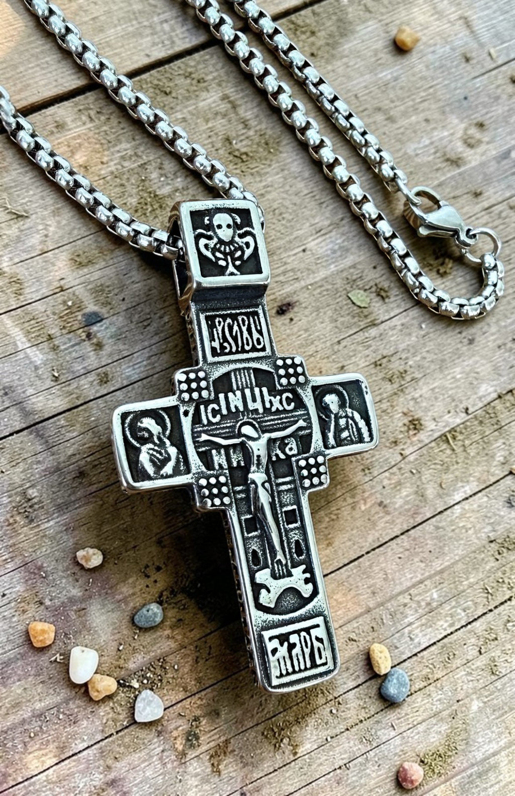Orthodox Crucifix - Silver Color - 60cm Chain - Stainless Steel Cross