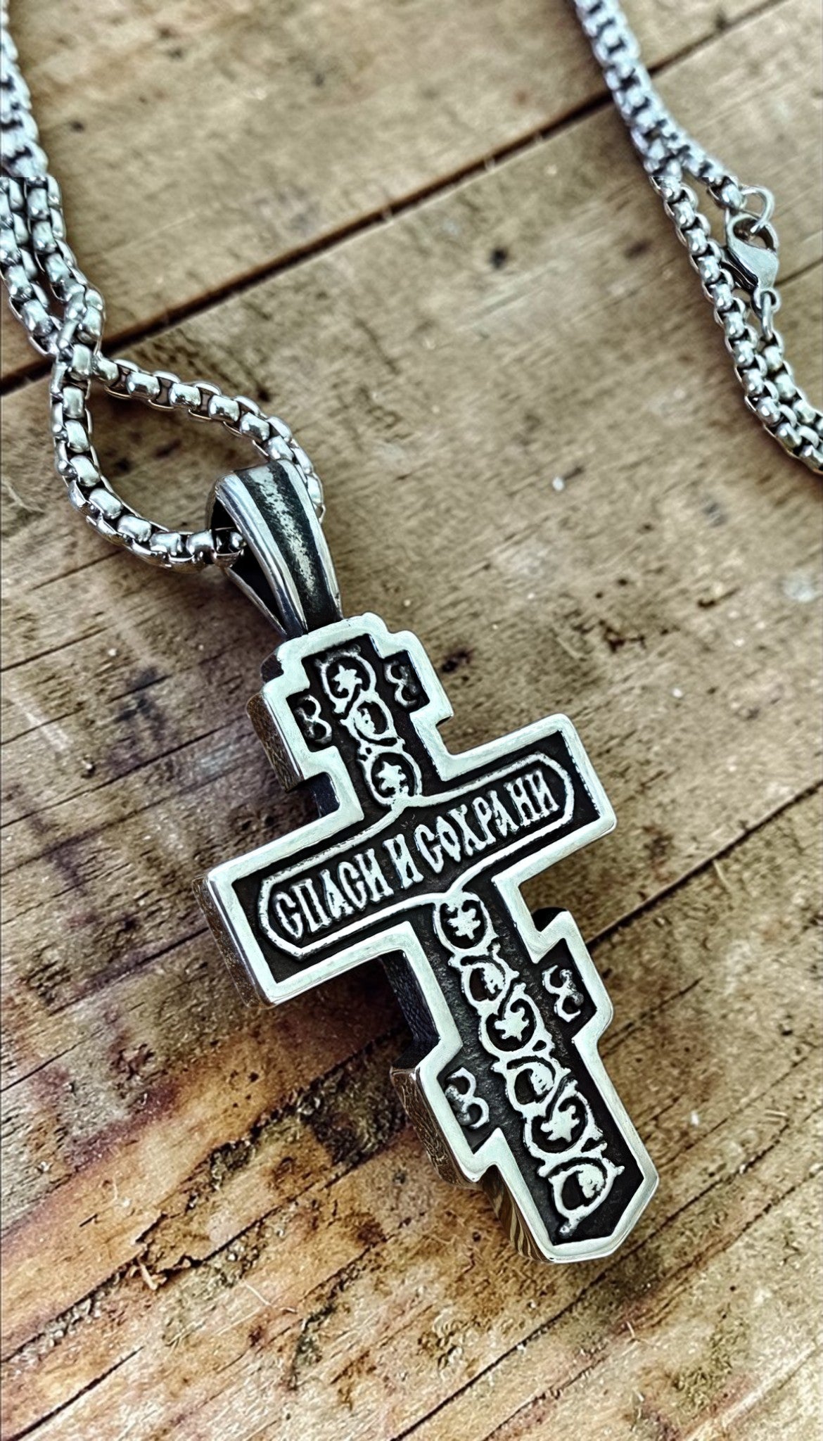 Orthodox Crucifix - Silver Color - 60cm Chain - Stainless Steel Cross
