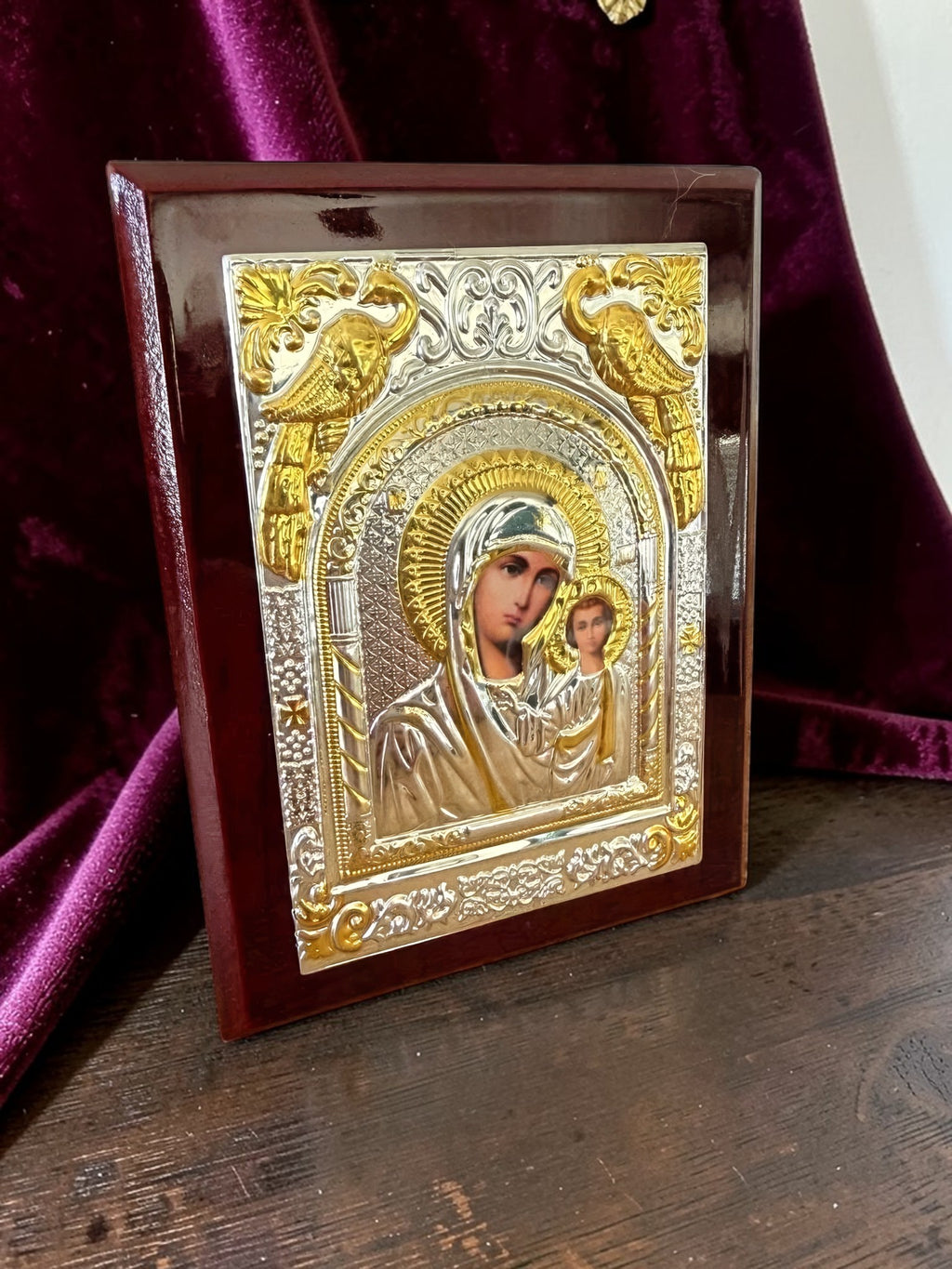 Orthodox Virgin Mary - Silver&Gold Color  - Wooden Icon