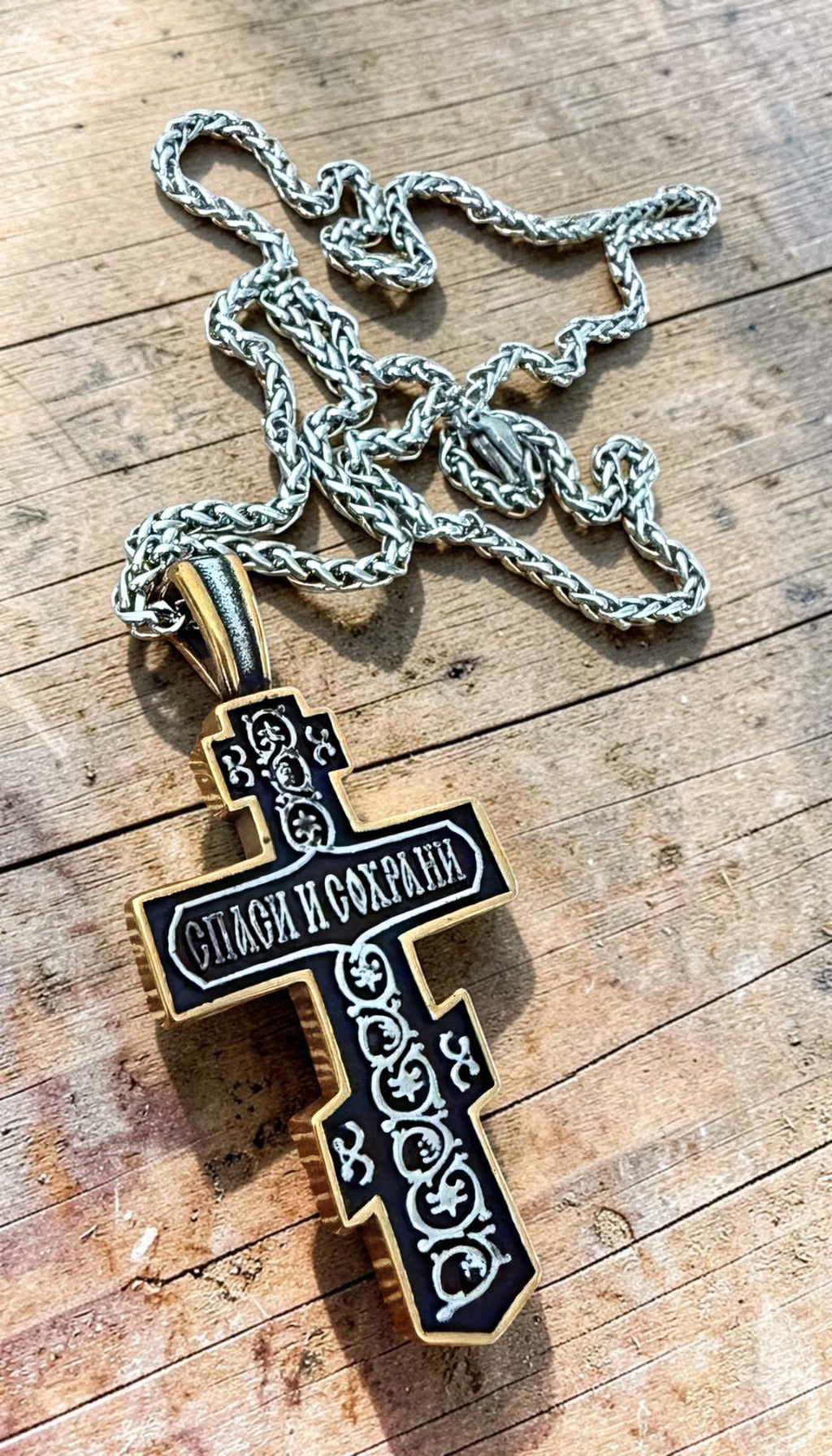 Orthodox Crucifix - Black&Gold Color - 60cm Chain - Stainless Steel Cross