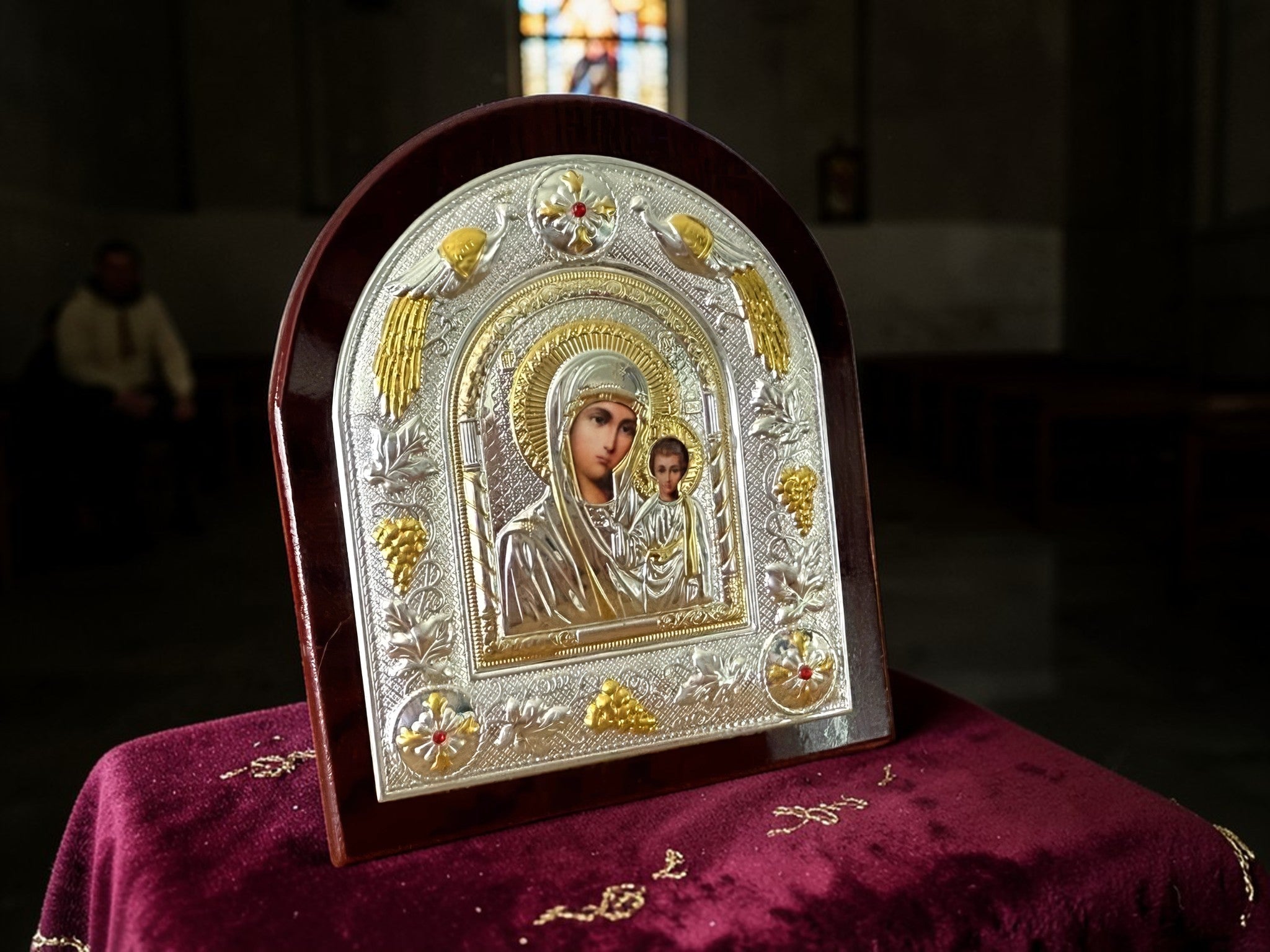 Orthodox Virgin Mary - Silver&Gold Color - Wooden Icon