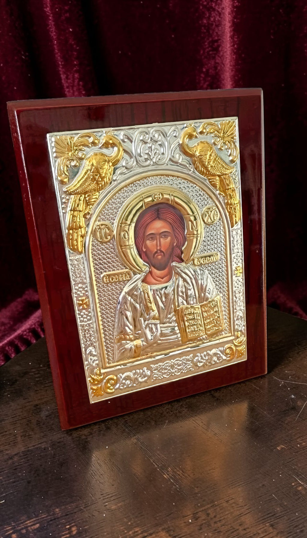 Orthodox Jesus Christ Pantocrator - Silver&Gold Color - Wooden Icon 12х9cm
