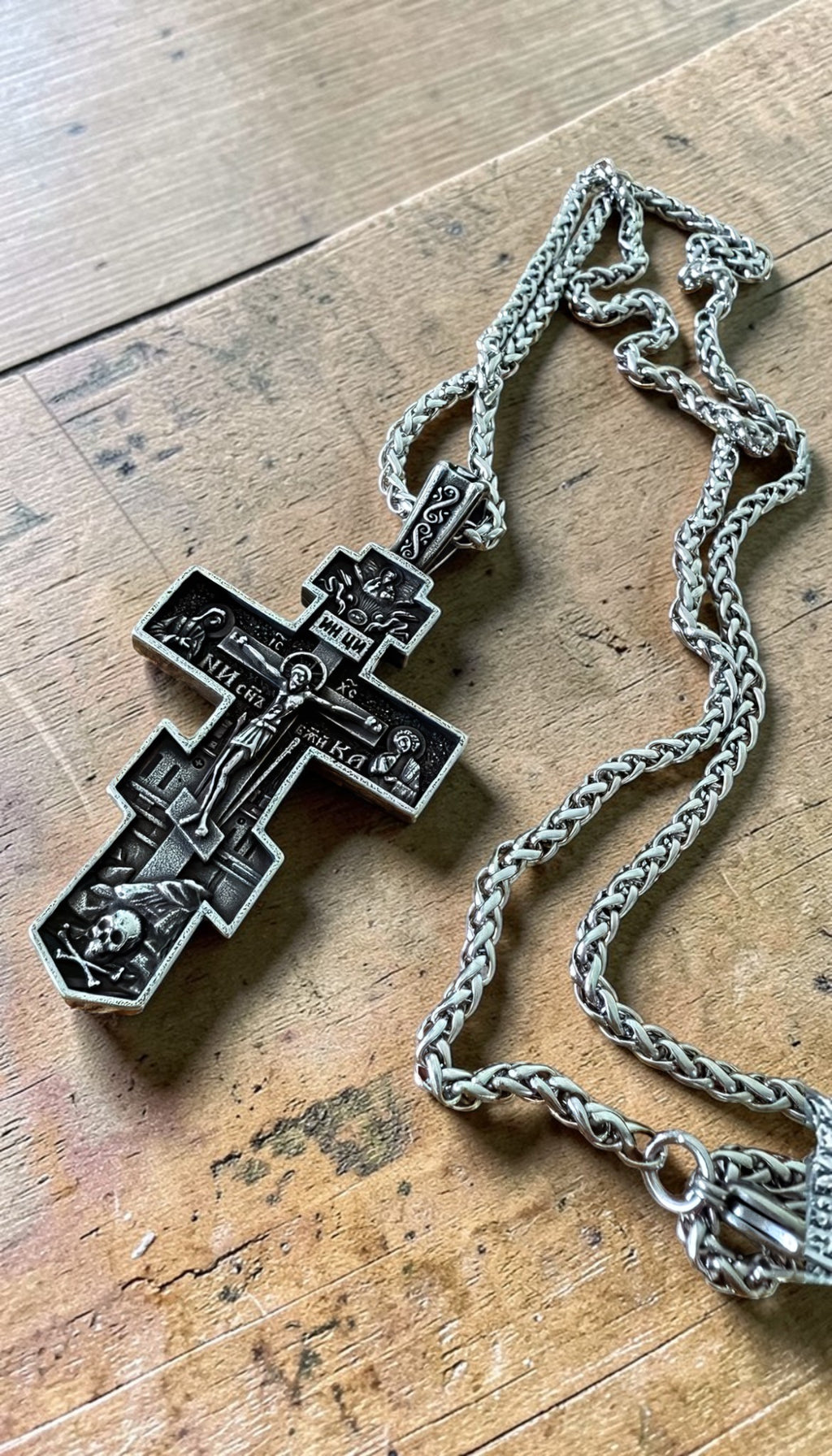 Orthodox Crucifix - Silver Color - 60cm Chain - Stainless Steel Cross