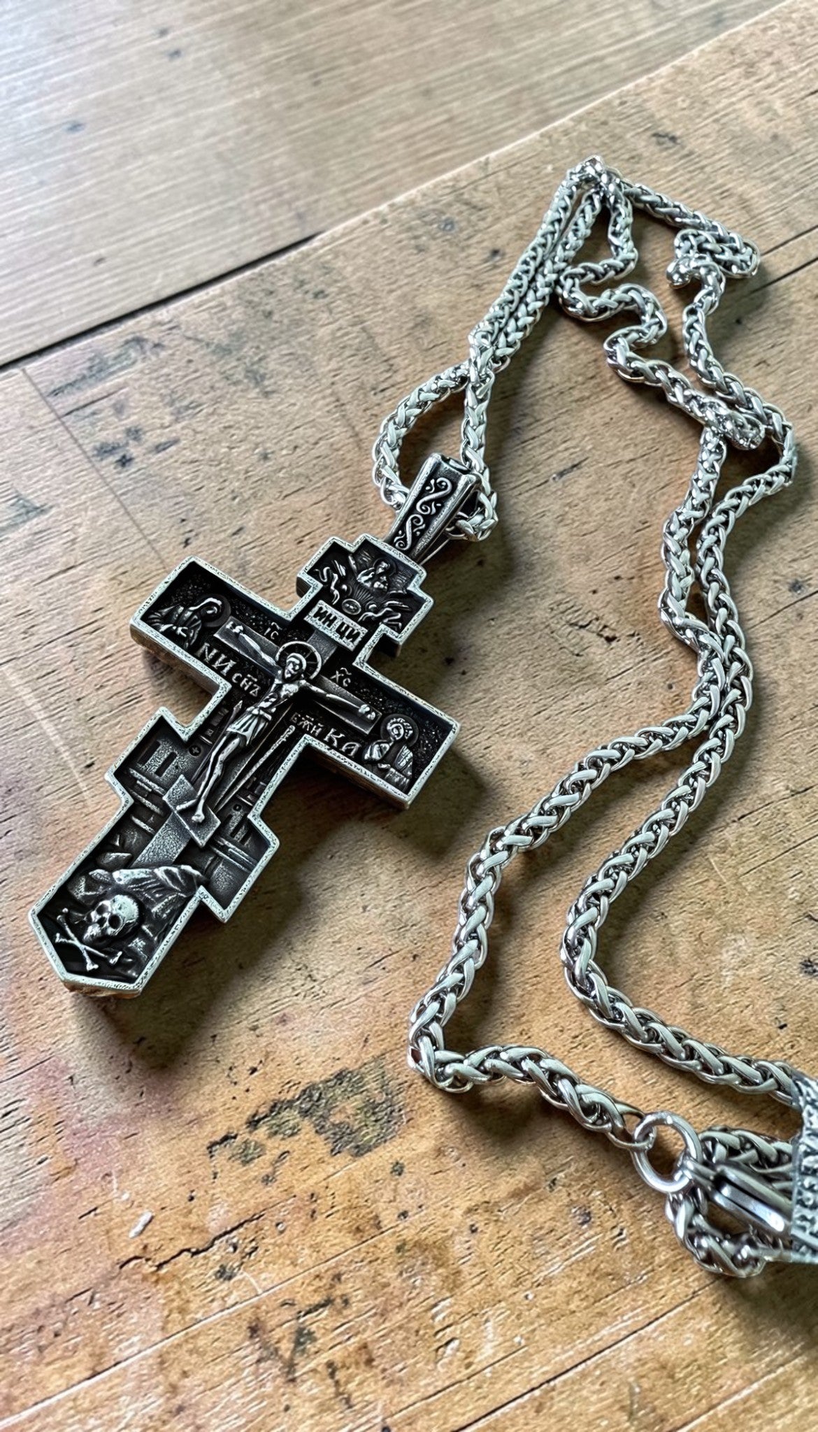 Orthodox Crucifix - Silver Color - 60cm Chain - Stainless Steel Cross