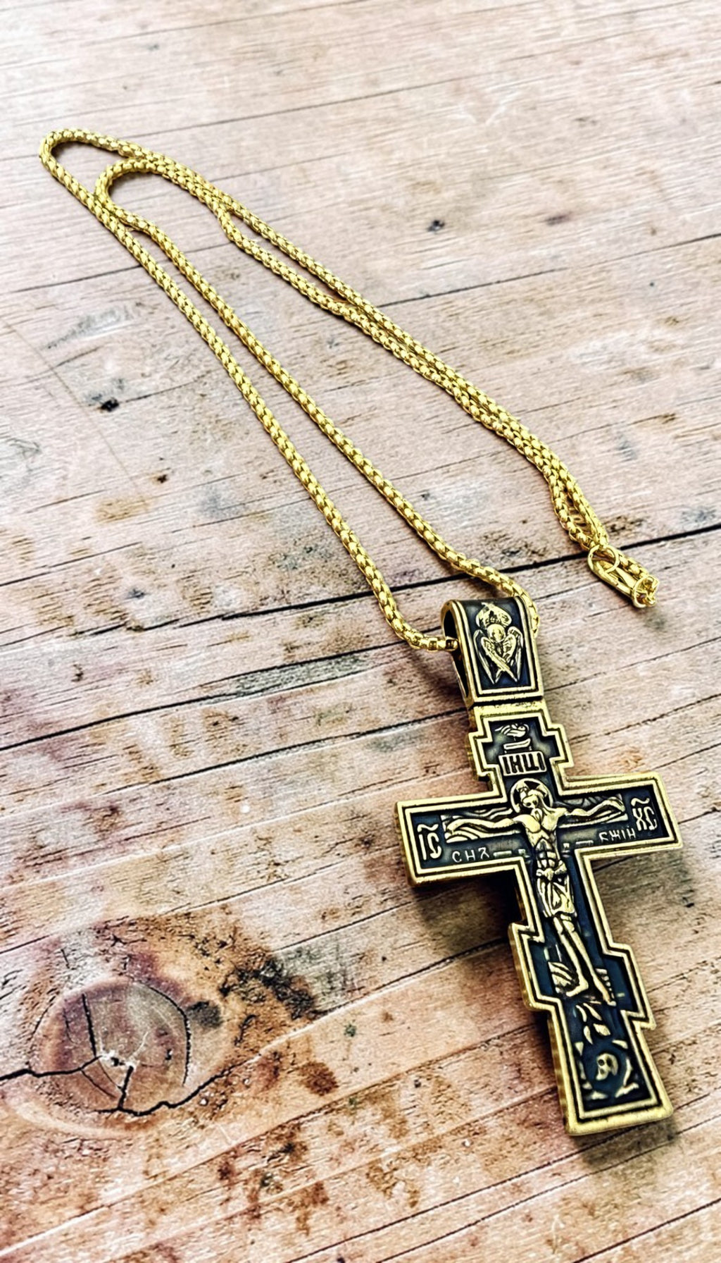 Orthodox Crucifix - Black&Gold Color - 60cm Chain - Stainless Steel Cross
