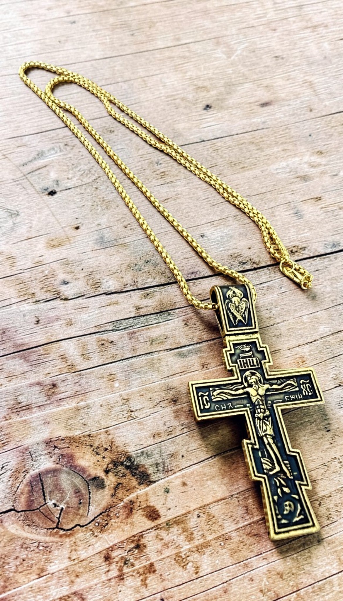 Orthodox Crucifix - Black&Gold Color - 60cm Chain - Stainless Steel Cross