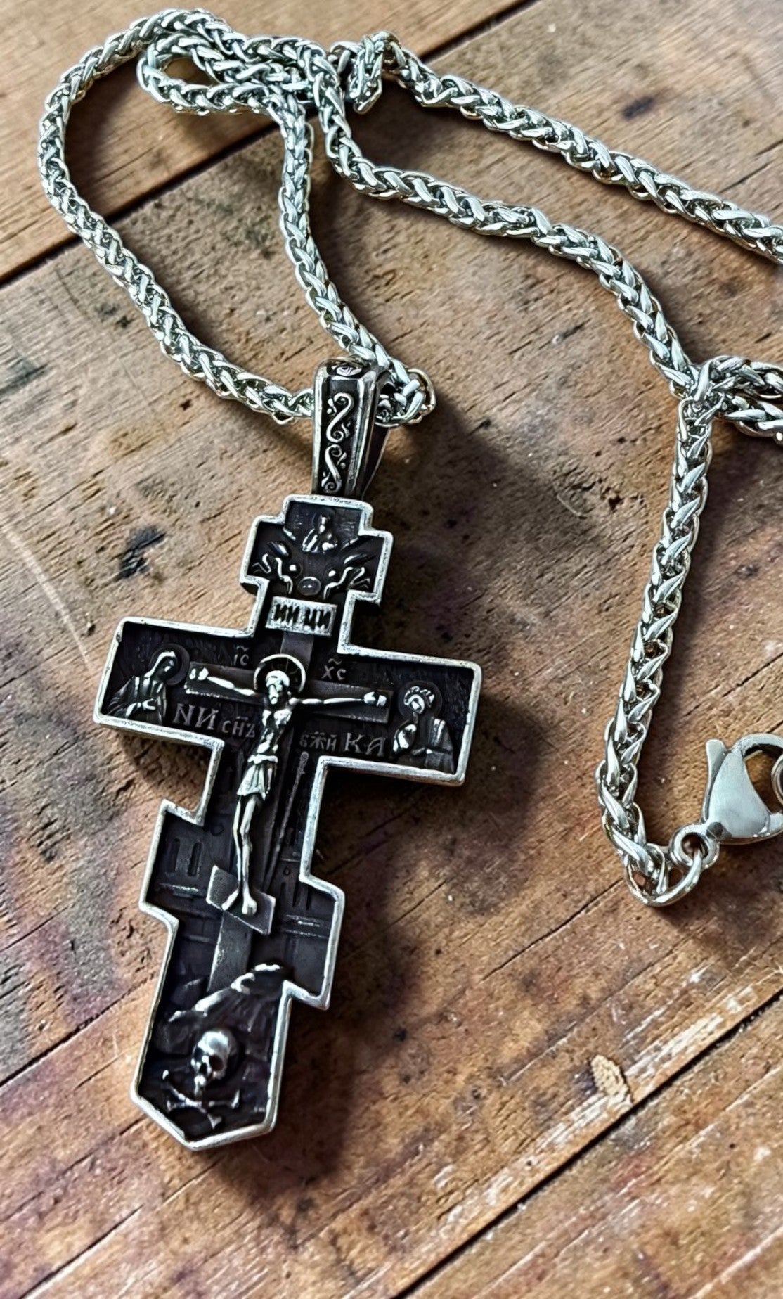 Orthodox Crucifix - Black&Silver Color - 60cm Chain - Stainless Steel Cross
