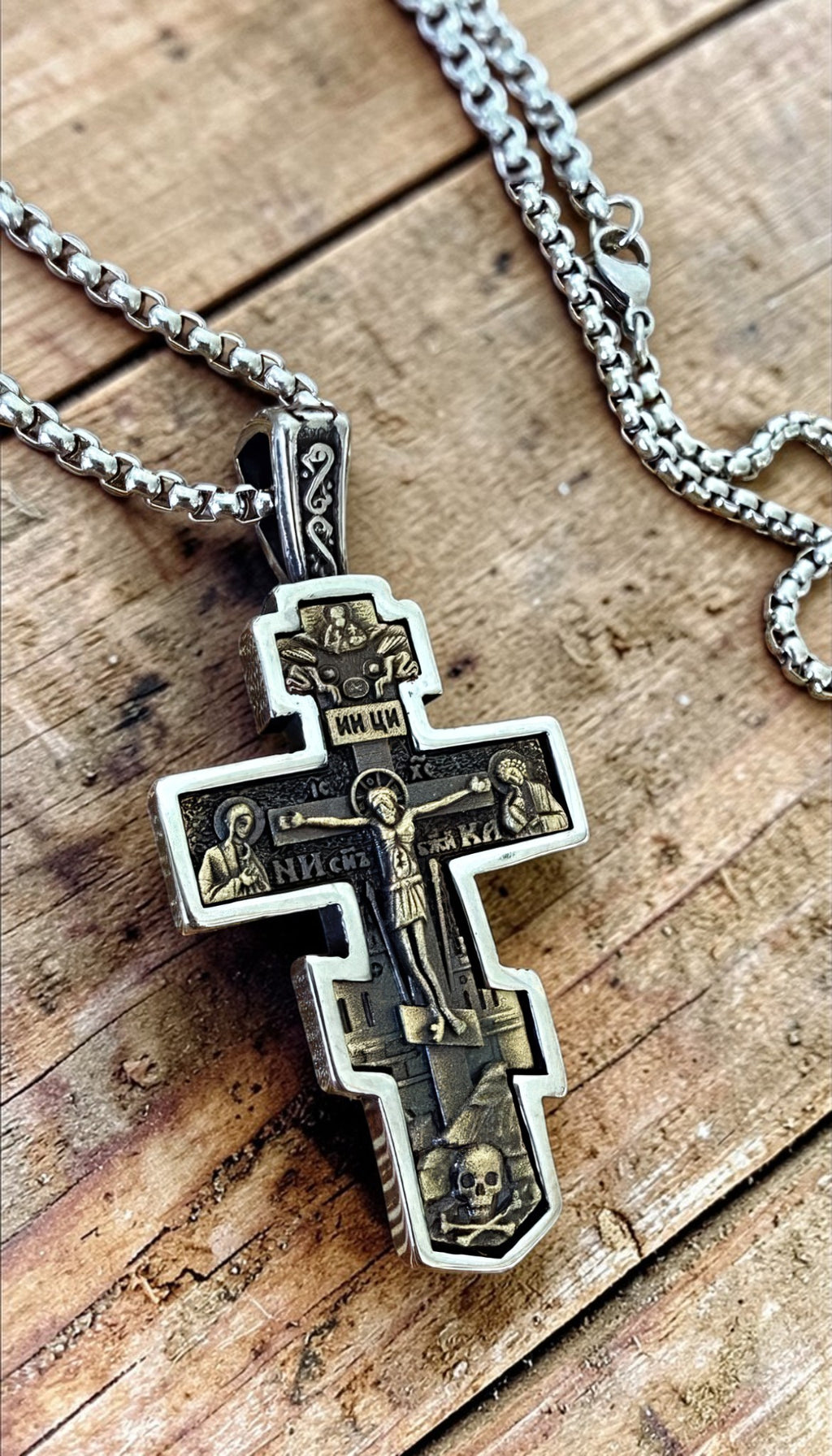 Orthodox Crucifix - Silver Color - 60cm Chain - Stainless Steel Cross